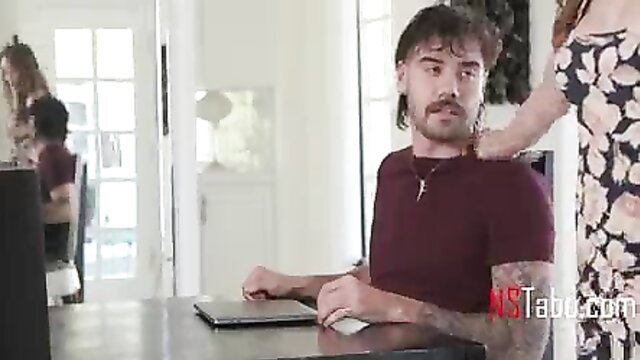 Curvy redhead stepmom gropes tattooed son's neck at table