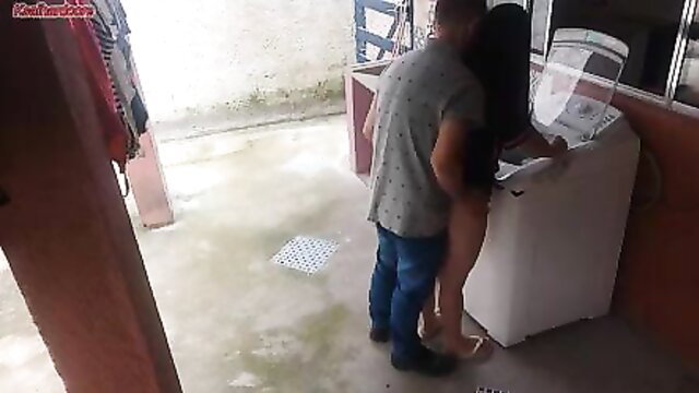 Married housewife bends over washing machine for repairman ass fuck