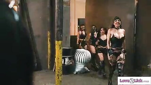 Busty women in latex lingerie gang battle with lesbian sex fights