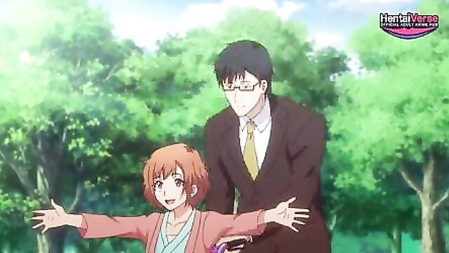 Petite redhead girl joyfully riding bike with suited man in park, hentai anime