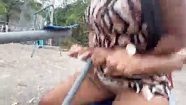 Busty women in bikinis paddleboat threesome with old man in public park