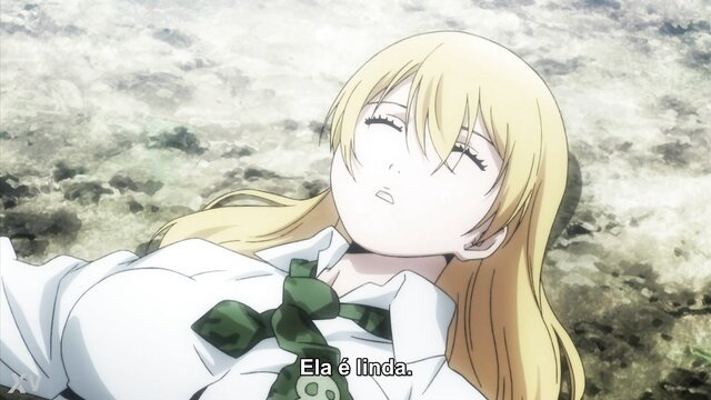 Blonde anime hentai girl with huge tits lying back in school uniform