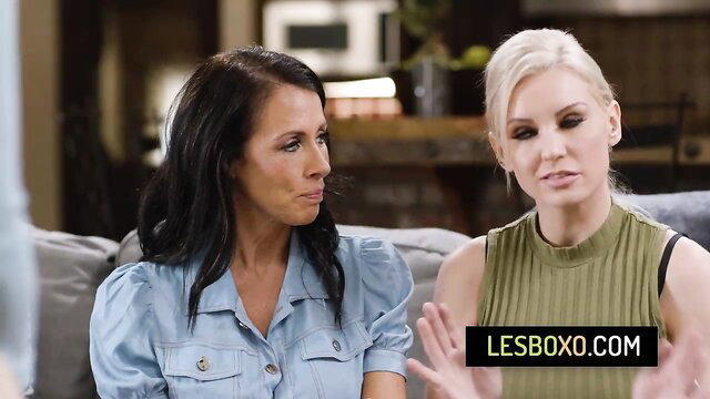 Two hot brunettes and blondes in steamy lesbian threesome on couch