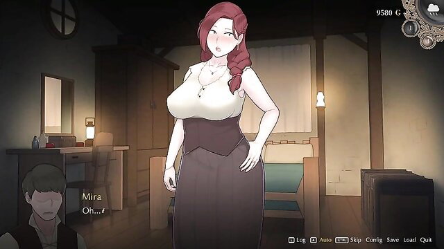 Redhead curvy maid Mira teases old man in tight dress, huge tits