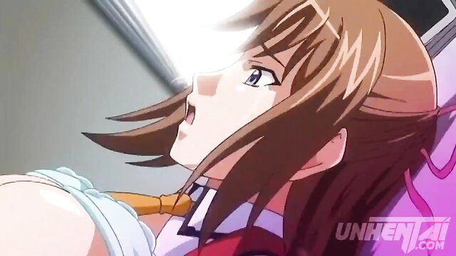 Anime girl with brown hair shocked expression in hentai scene