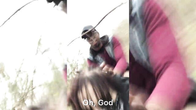 Emo slut fucked on tree stump outdoors by guy in cap