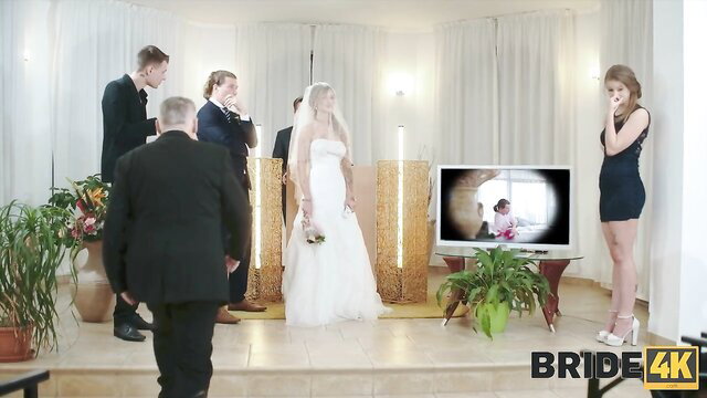 Blonde bride in white gown at weird wedding with groomsmen, Bride4K compilation