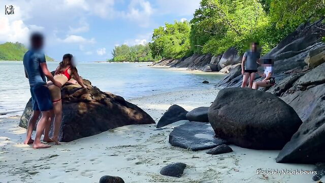 Hot bikini babe fucked on rocky beach by guy, public outdoor sex