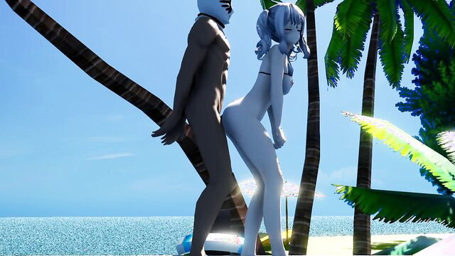 Tanned hunk grinds nude blue-haired anime girl from behind on sunny beach