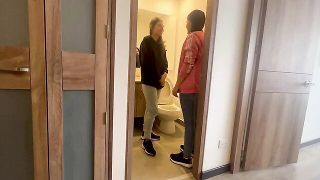 Hot aunt in hoodie chats with guy at bathroom door before hard fuck