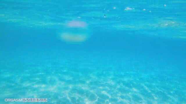 Underwater POV at public beach, big tits PAWG BBW wife footjob vacation