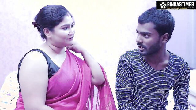 Indian stepmom in pink saree chats intimately with stepson