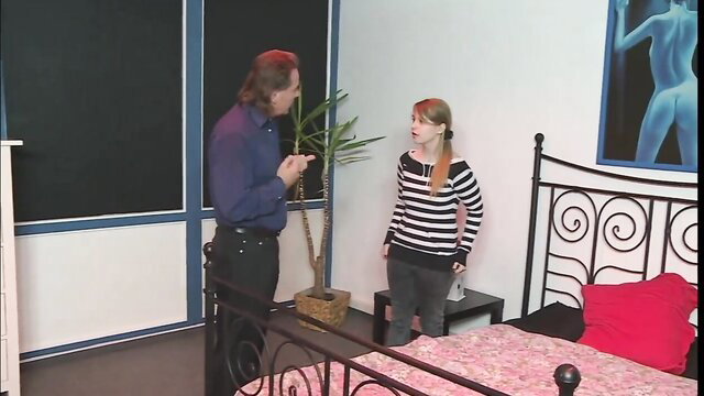 Tall man talks to cute redhead teen girl in bedroom, freche haus madchen MMV