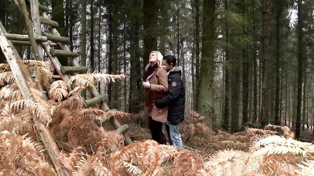 Hot couple embracing on ladder in autumn forest woods