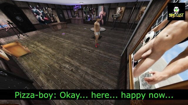 Bear daddy tricks young pizza boy, strips him naked in WickedWhims gay scene