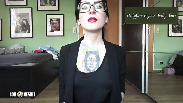 Lou Nesbit tattooed teacher in blouse, deep cleavage, glasses