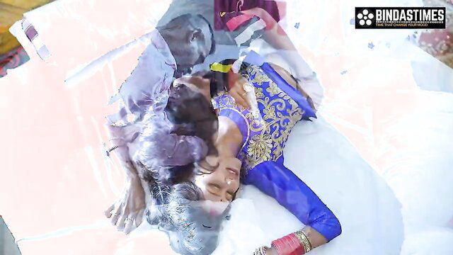 Desi bhabhi in blue saree fucked hard by thief and husband, multiple cumshots