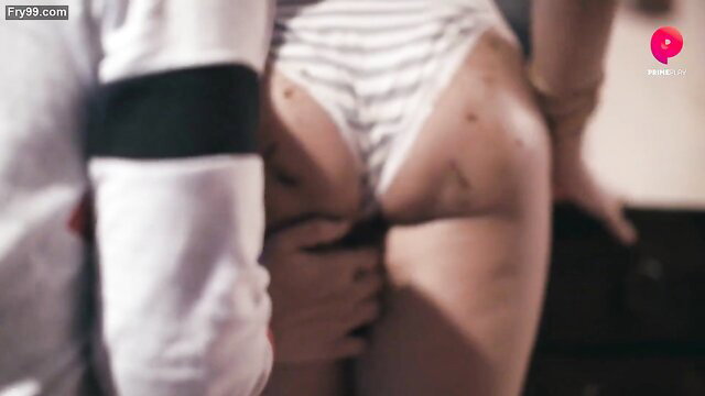 Closeup of woman's striped panties pulled aside, man groping big ass from behind