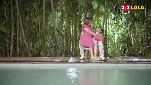 Asian MILF in pink dress straddles man by pool in threesome tease ep2