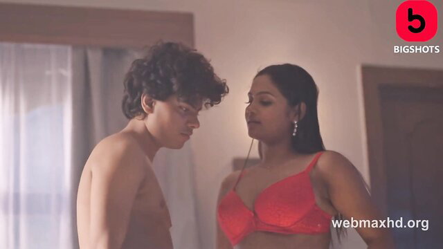 Indian couple foreplay, busty Desi in red bra, topless guy closeup