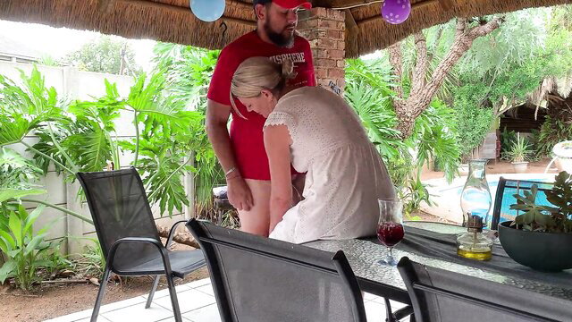 Sexy ex-wife bends over poolside in dress for pussy fuck