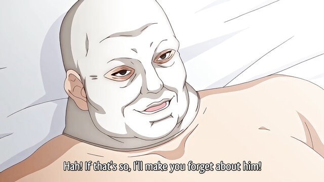 Bald fat man in white face mask lies nude on bed smirking