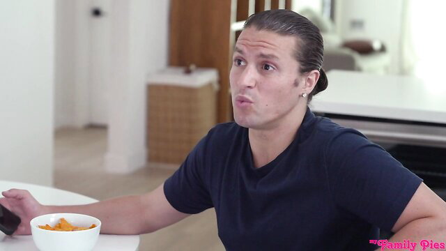 Hot stepsis with ponytail eats Cheetos in tight navy tee, Perved Family taboo tease