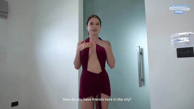 Young Asian busty stepmom in sexy maroon dress asks about friends