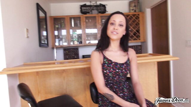 Mia Austin in colorful dress on James Deen audition