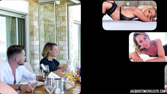 Blonde Jacquie et Michel Elite model in lingerie poses nude on bed