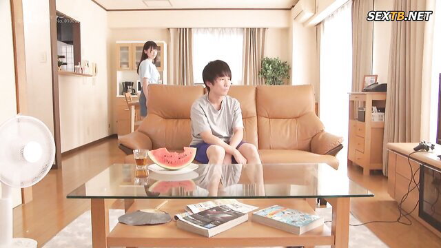 Waka Misono in apron with Sachiko, brother on couch, JAV incest tease