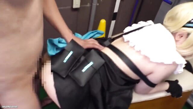 Blonde JAV cosplay girl in maid dress bound and groped from behind