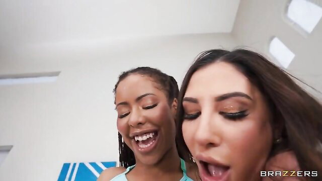 Gianna Dior and Kira Noir laughing in sexy workout gear, Pilates threesome
