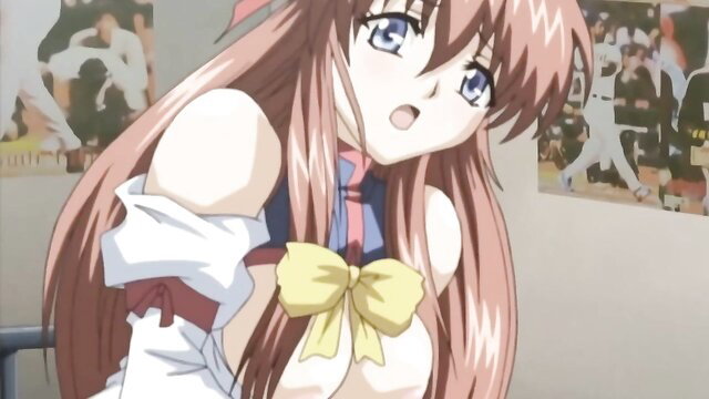 Busty anime schoolgirl in skimpy uniform with big tits exposed