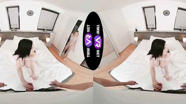 Asian babe in lingerie on bed, VR POV hand on her ass, cum mishap