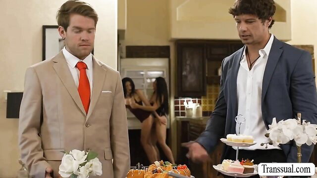 Two suited hunks with slutty brunette bent over in fridge