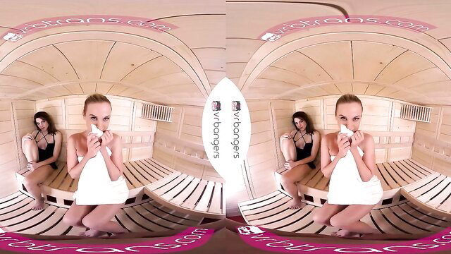 VR shemale sauna threesome with trans GF & friend holding towels