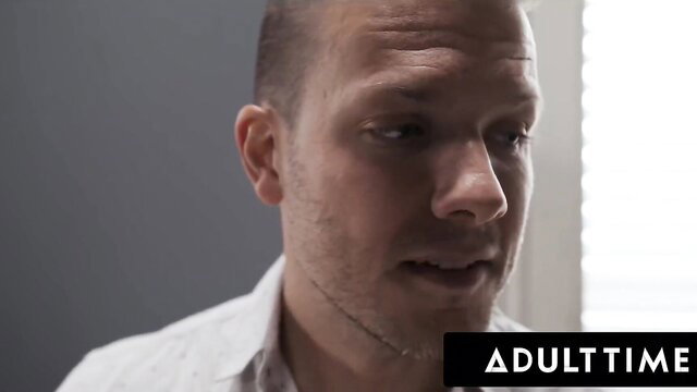 Bald white guy in white shirt, intense gaze in cheating pregnant wife adult video