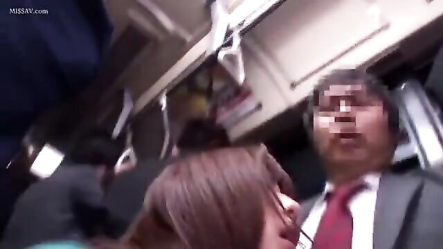 Asian amateur deepthroat on crowded train with suited man