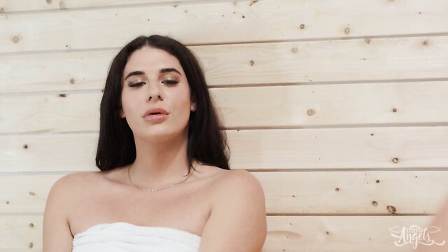 Bailey Archer topless in towel, seductive sauna gaze