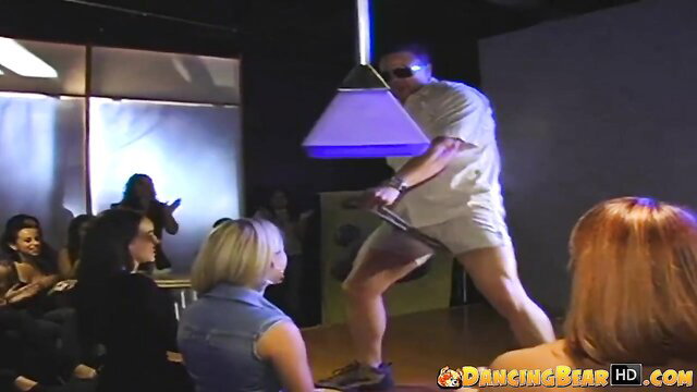 Blonde amateur babe at kinky CFNM Dancing Bear party with shirtless dancer