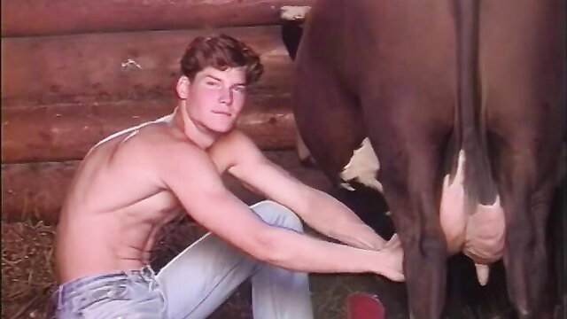 Hot shirtless twink Alexander Staus milks cow outdoors in sexy farm scene