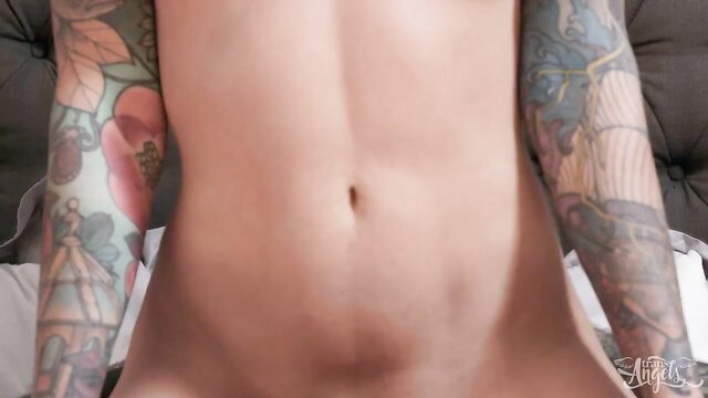 Tattooed trans babe Aubrey Kate teases nude abs and cock, steamy Trans Angels solo