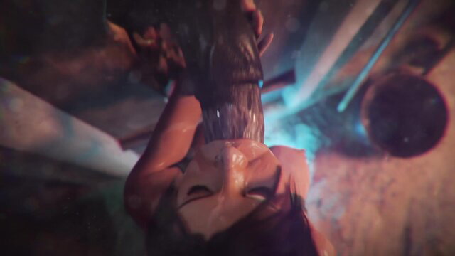 Lara Croft deepthroats huge cock upside down in intense oral