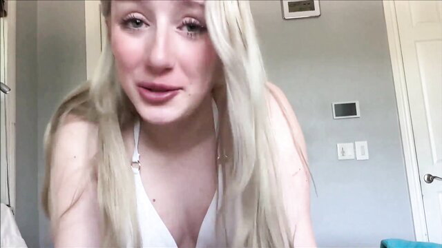 Izzy Rae blonde stepdaughter in white lingerie, teary closeup