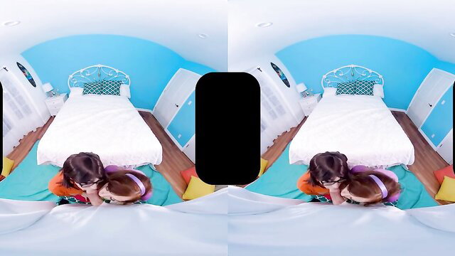 Scooby Doo XXX parody VR cosplay: two busty brunettes cuddling nude on bed