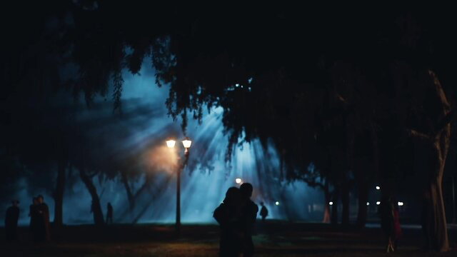 Sydney Sweeney silhouette couple embracing in foggy night park