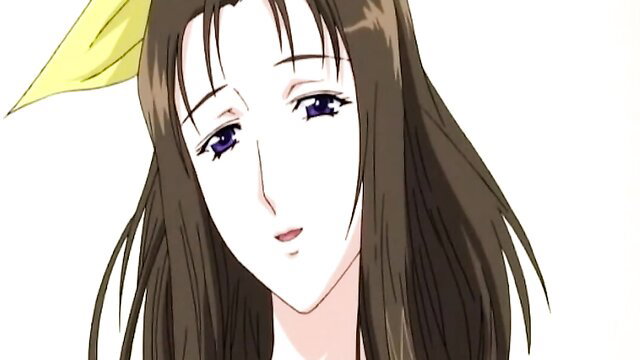 Brown-haired hentai professor with yellow ribbon smiles seductively