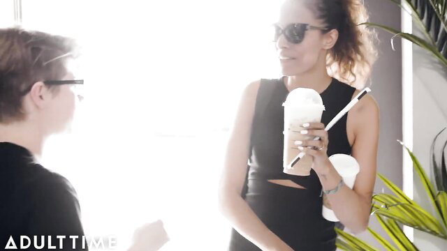 Casey Kisses and Kylie Le Beau with iced drinks in sexy black dresses
