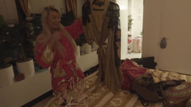 Aubrey Kate in red floral kimono lingerie posing seductively